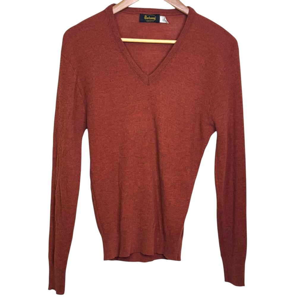 Vintage Botany Size Medium V-Neck Pullover 100% Acrylic Burnt Orange Sweater